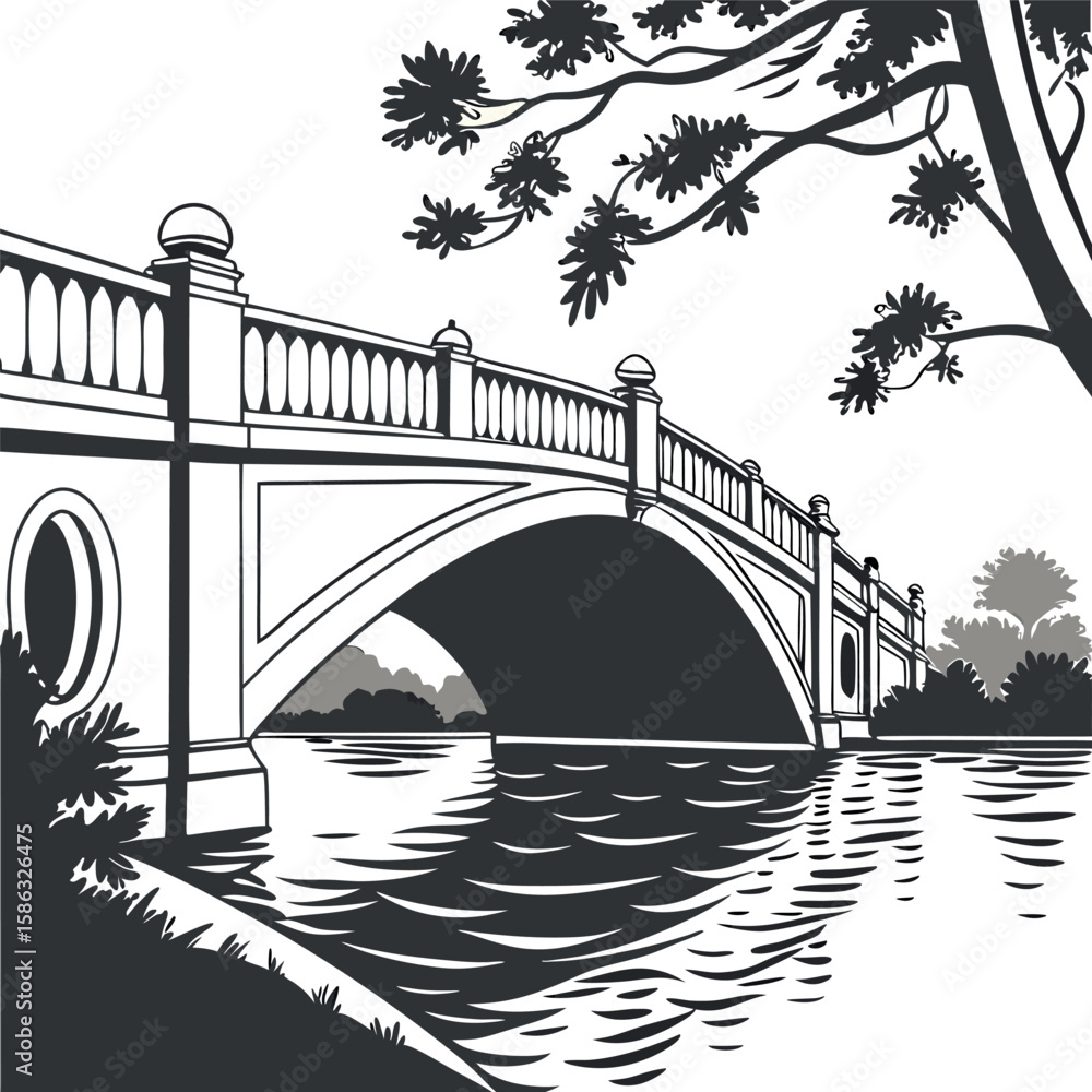 Fototapeta premium Elegant Bridge Over Rippled Water Vector Design Icon