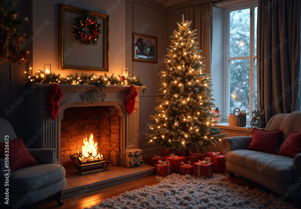 Fototapeta premium fireplace with christmas decorations.