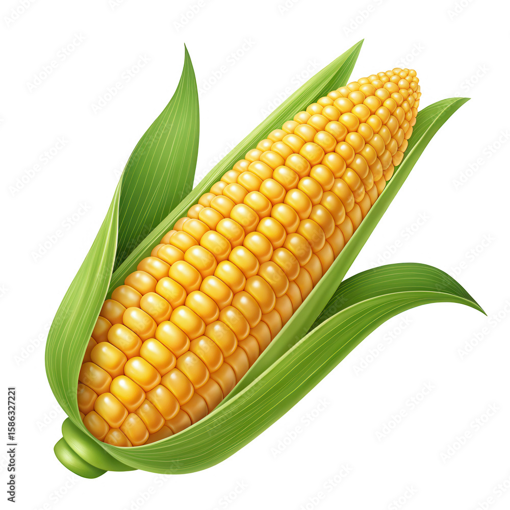 Obraz premium A fresh cob of yellow corn with green leaves isolated on white transparent background