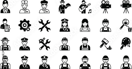 Profession occupation icons set including doctor, nurse, chef, waiter, musician, filmmaker, engineer, mechanic, police officer, painter, builder