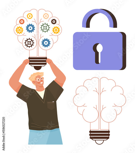 Person lifting gear-filled lightbulb, brain-shaped idea, and lock symbol. Ideal for creativity, innovation, problem-solving, brainstorming, mind protection, intellectual property simple flat metaphor