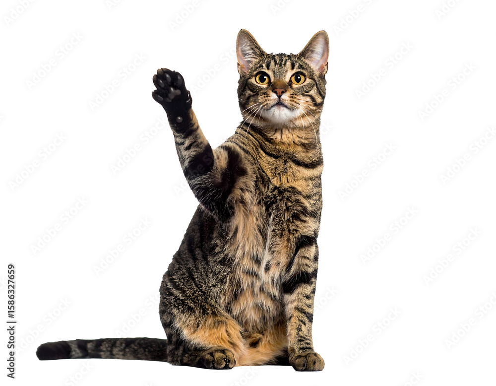Fototapeta premium Tabby Cat Raising Paw: A Striking Pet Portrait PNG, Transparent Background.