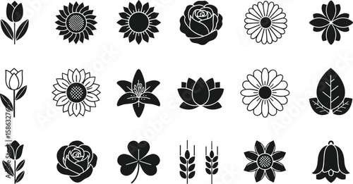 Black silhouette icon collection of various flowers, plants, leaves, floral elements, spring botanical design, vector set for decoration, nature illustration