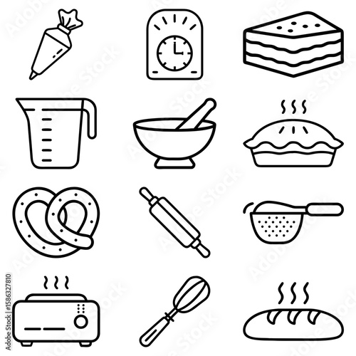 Illustration of various baking related items including a timer, bread, pie, and other kitchen utensils