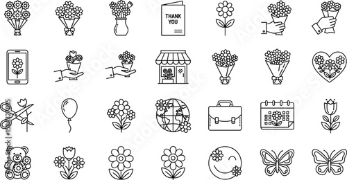 Beautiful flower bouquet icons for online flower shop, florist delivery, thank you gift, floral arrangement, love, celebration, nature decoration