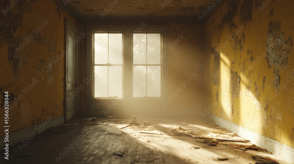 Obraz premium Sunlight streams through dusty windows into an empty, decayed room with peeling yellow walls and a worn wooden floor scattered with debris.