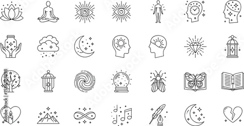 Spiritual wellness icons set, meditation lotus mind body healing energy moon eye crystal lamp tree butterfly heart inspiration