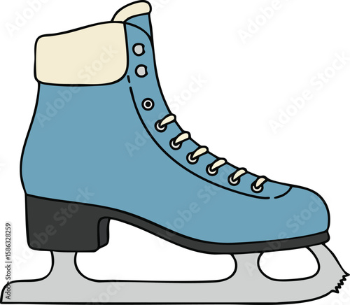 Blue figure ice skate boot with white cuff and silver blade vector illustration for winter sports and leisure activities
