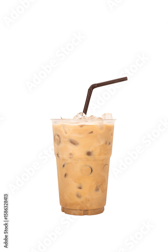 Iced of latted coffee cup on glass cup isolated white background.