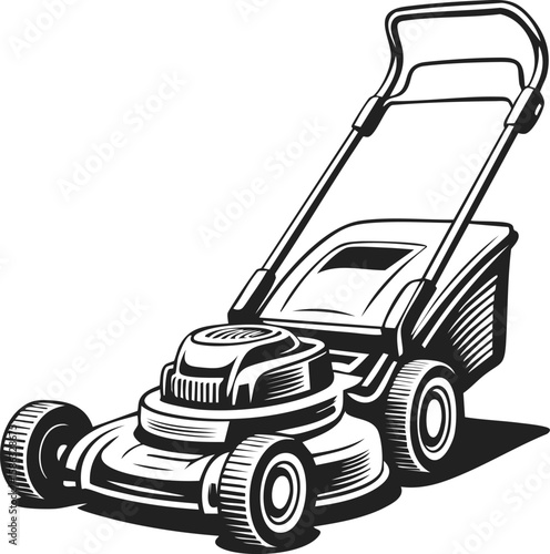 Lawn mower, grass cutting tool, garden equipment, manual push mower, landscape maintenance device, vintage engraved illustration