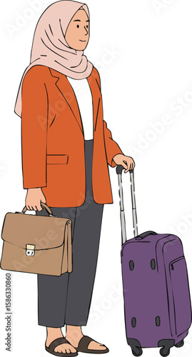 Woman wearing hijab with purple suitcase and brown briefcase standing in travel outfit vector illustration 