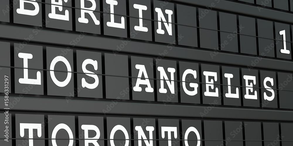 Fototapeta premium Los Angeles, United States, travel destination, airport departure board. Tourism, booking, vacation, travel, holiday, journey. 3D illustration