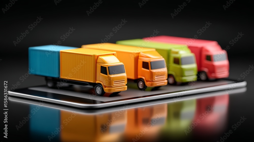 Obraz premium Colorful miniature trucks on a smartphone with a reflective surface.