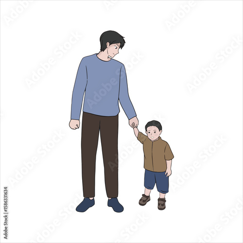 Young asian dad holds his little son's hand while walking together on white