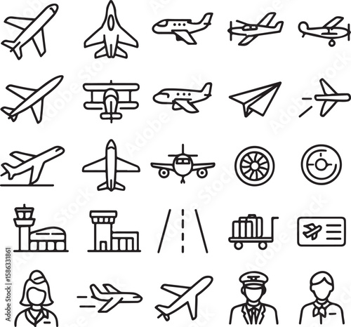 Aviation and Airport Line Icons Set – Airplane, Pilot, Terminal, Travel Symbols