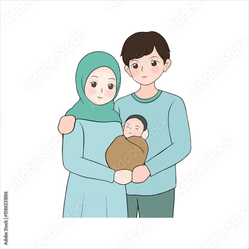 Cartoon Muslim family lovingly cradles their newborn baby against a white background