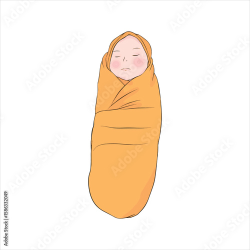 Cartoon newborn baby calmly sleeps while wrapped tightly in an orange blanket against a white background