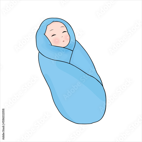Asian newborn baby sleeping peacefully while swaddled snugly in soft blue blanket on white