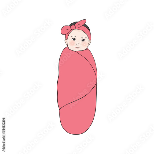 Asian baby girl wrapped tightly in a pink cloth blanket with a bow