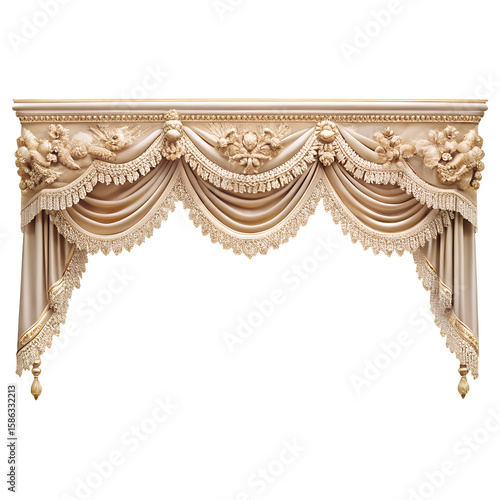 An ornate valance with intricate embroidery, lace trim, and draped fabric isolated on transparent background