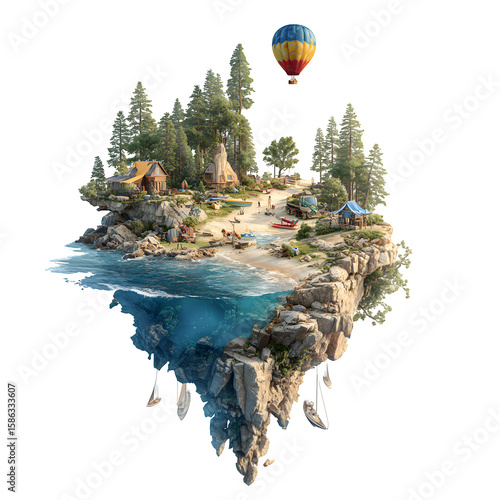 Floating island features a beach, cabins, trees, and a hot air balloon.