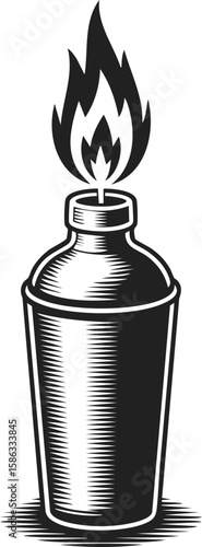 Molotov cocktail, incendiary device, vintage engraved artwork depicting a flaming bottle used in protest or rebellion