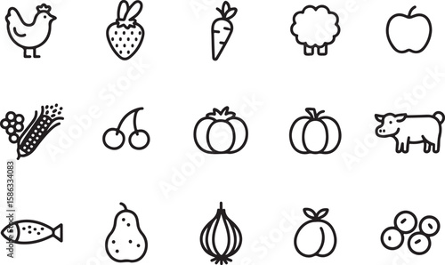 Collection of farm and food icons isolated on transparent background