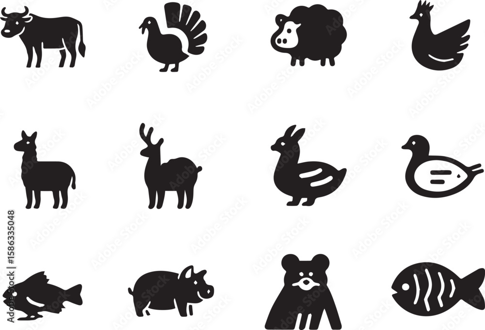Obraz premium Collection of farm and wild animal silhouettes isolated on transparent background