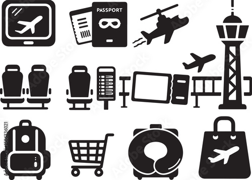 Collection of travel and airport icons isolated on transparent background