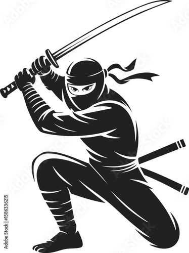 Ninja warrior, stealthy samurai fighter wielding katana sword in dynamic pose, martial arts master, traditional Japanese style illustration