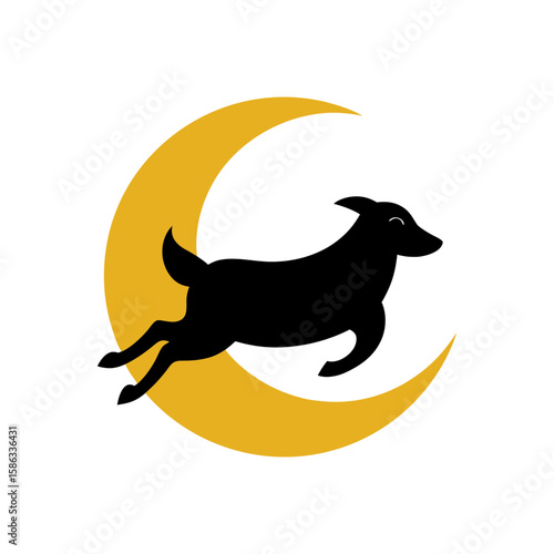 Fluffy sheep jumping over crescent moon calmly Line Art Vector illustration