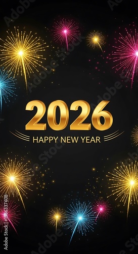 Festive new year 2026 greeting with fireworks and gold text