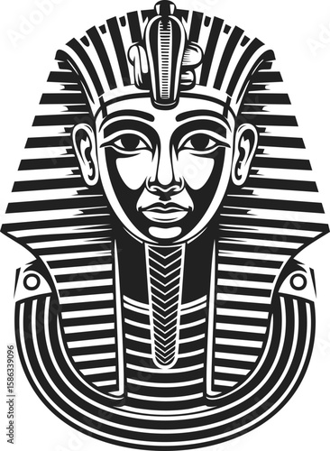 Pharaoh's mask, ancient Egyptian artifact, decorative headdress, royal symbol, engraved illustration with intricate details