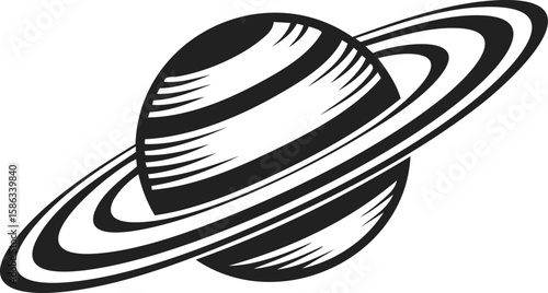 Planet with rings, Saturn, celestial body, astronomical symbol, outer space, orb, planetary ring system, retro illustration, cosmic design, vintage engraving