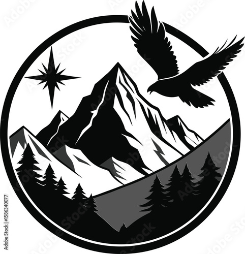 Eagle soaring above jagged mountains and pine trees under a star bird flight