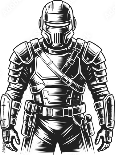 Post apocalyptic survivor with tactical gear, combat armor, black and white engraved vector illustration depicting a battle-ready warrior ready for action