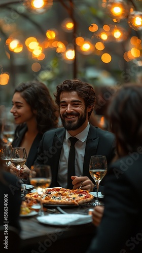 A man smiles at a dinner party, surrounded by friends and delicious food, under warm, ambient lighting