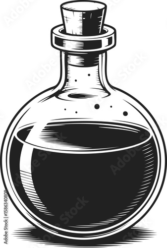 Potion, elixir bottle, vintage glass container, herbal remedy vessel, magical concoction jar, mystical liquid holder, apothecary accessory, engraved design