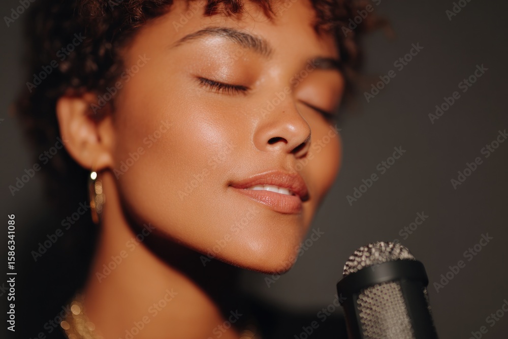 Obraz premium portrait of gospel singer pouring soulful improv over church mic in soft warm light eyes closed