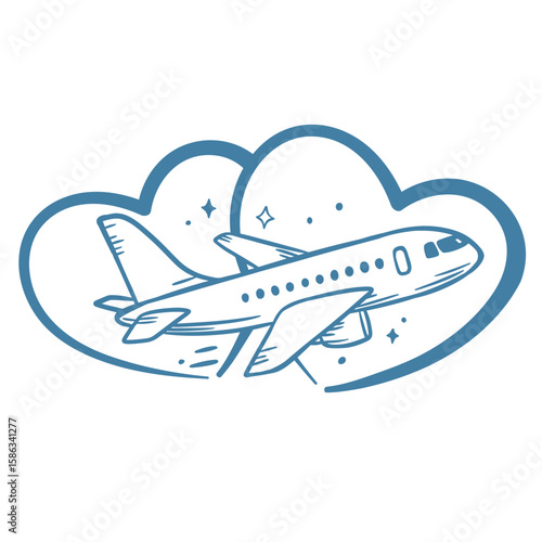 Blue line vector of an airplane flying through a heart-shaped cloud. Great for honeymoon, travel, and destination wedding themes
