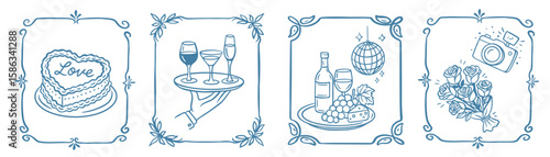 Set of 5 outlined wedding icons in decorative frames: cake, wine, disco ball, flowers, camera. Great for romantic branding, invitations, or event designs