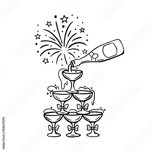 Black and white sketch of a champagne glass tower with fireworks. Perfect for wedding parties, celebrations, and luxury events