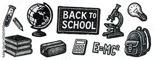 Vector freehand collection School scribble isolated on white background. Texture of writing materials. Handwritten back to school doodles and pencil strokes. Hand drawn set Education line art