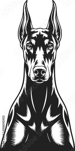 Regal doberman dog portrait in vintage engraved style, strong canine protector, perfect for tattoo design and emblems