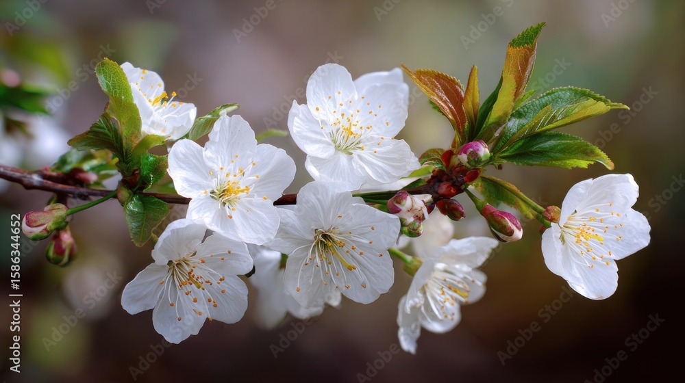 Obraz premium Premium image of stunning white cherry tree blooms emerging on branches adorned with green leaves.