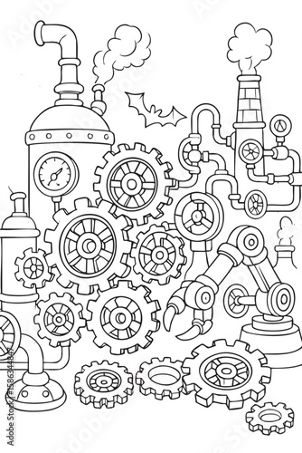 Simple line drawing of a whimsical steampunk gear machine with cogs, robotic arm, steam pipes, pressure gauges and factory background. A coloring book page for kids, with vector crisp lines, bold