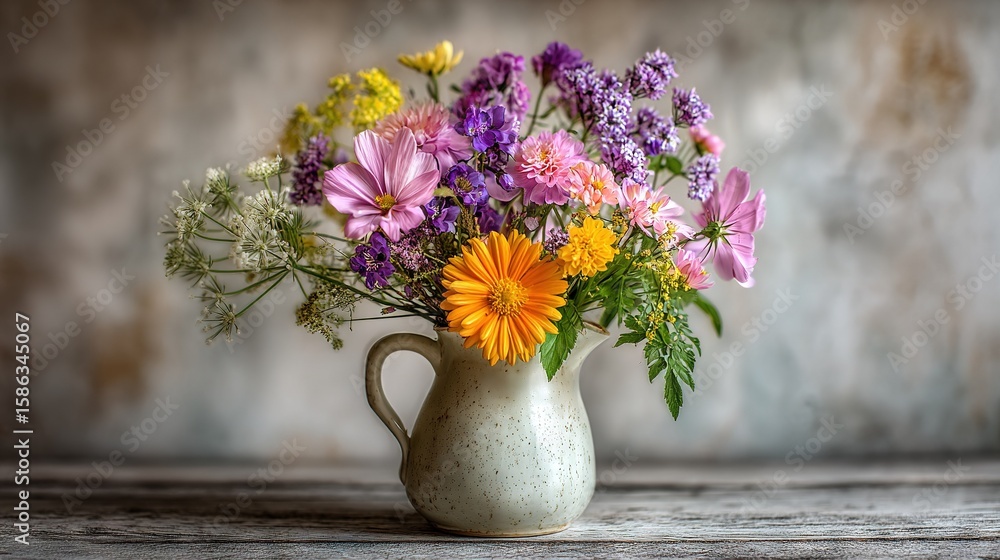 custom made wallpaper toronto digital  A vase brimming with vibrant blossoms resting atop a wooden table against a monochrome backdrop