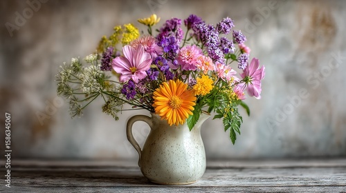Wallpaper Mural   A vase brimming with vibrant blossoms resting atop a wooden table against a monochrome backdrop Torontodigital.ca