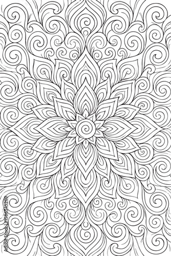 Simple line drawing of a decorative mandala with flower petals, leaves, swirls and radial balance. A coloring book page for kids, with vector crisp lines, bold outline, white background, simple design