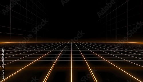 Fototapeta Naklejka Na Ścianę i Meble -  Dark, gridded corridor with golden lines.  Perspective view